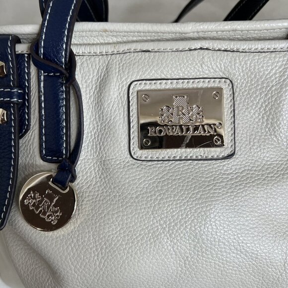 Rowallan White & Navy Leather Tote Bag With Metal Logo Plate - Picture 6 of 16
